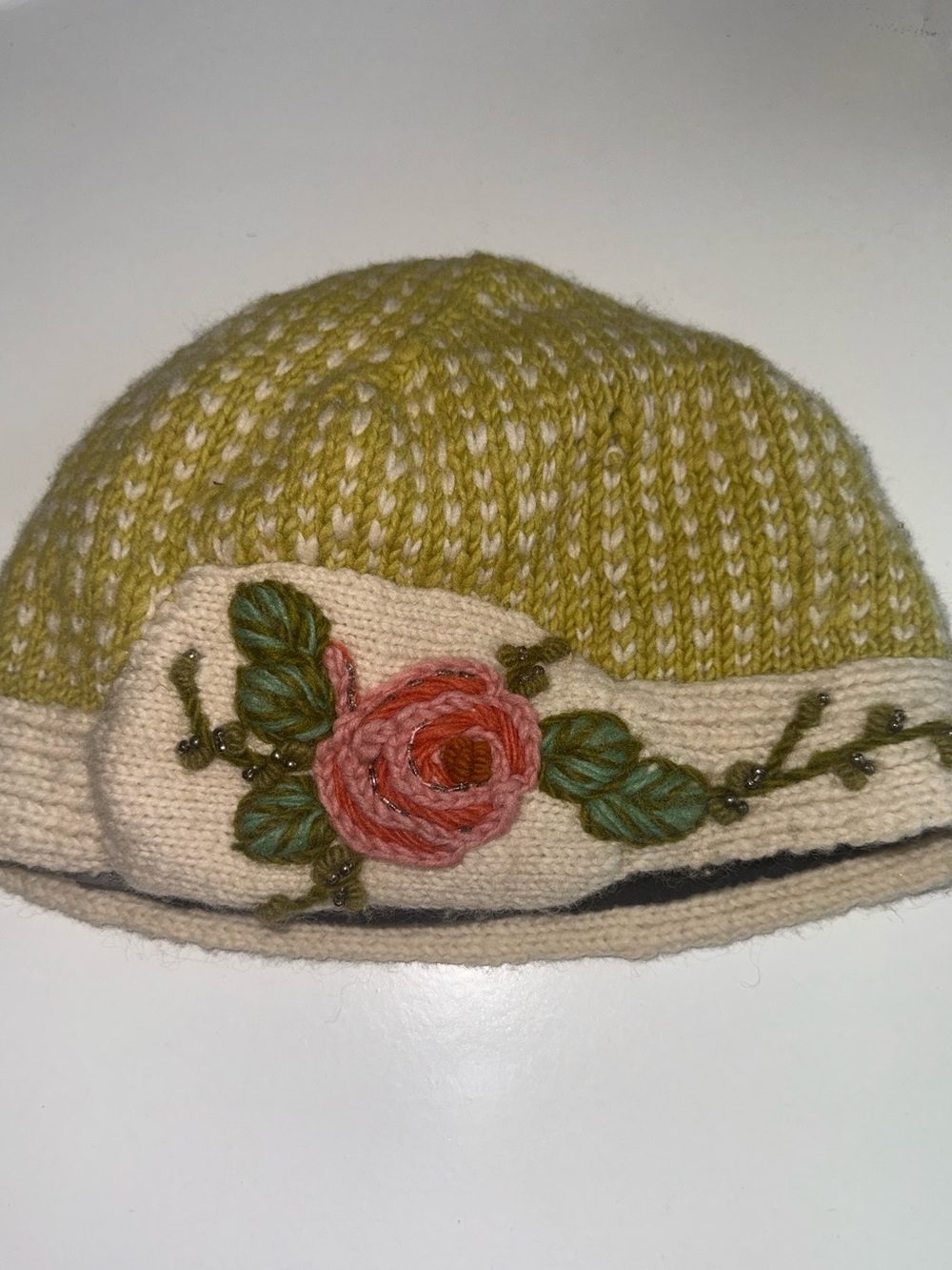 French Knot Wool Hat -green with pink rose